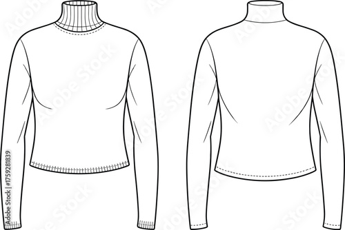 Cad drawing flat vector, women's turtleneck long sleeve top technical illustration, front and back views, fitted knitwear fashion template, garment design outline