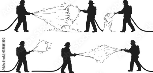Flat vector illustration of firefighters spraying water with hose, fire emergency concept, rescue operation, safety service, fire department design