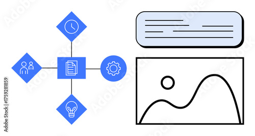 Diagram linking people, tasks, clock, ideas, and a cogwheel with a document at the center. Adjacent chart and text block. Ideal for teamwork, planning, organization efficiency strategy creativity