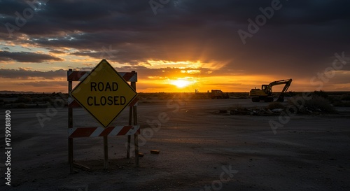 Sunset bathes desert construction site in dramatic light, marked by road closed sign.