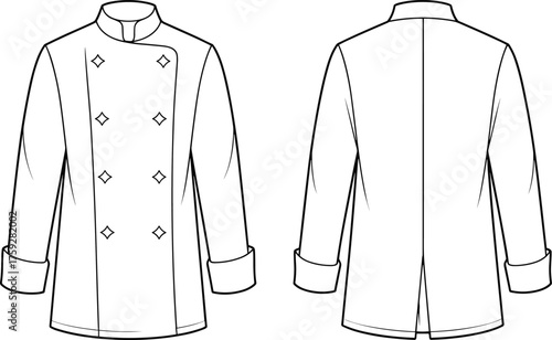 Chef jacket flat sketch, fashion technical drawing, apparel design template, double breasted uniform, stand collar long sleeve, professional kitchen wear, vector illustration