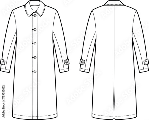 Classic button-front long coat flat sketch – women’s overcoat technical drawing with collar, sleeve straps, and back vent CAD template