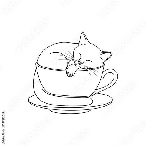 Adorable Kitten Napping Peacefully Inside a Teacup Line Art.