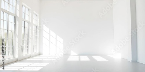 Bright sunlight streams through large windows illuminating a pristine white wall, architectural photography, white