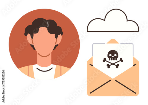 Person avatar next to a cloud and an email with a skull alert icon, symbolizing phishing, malware risk, and digital fraud. Ideal for cybersecurity, data privacy, safety, online threats, hacking