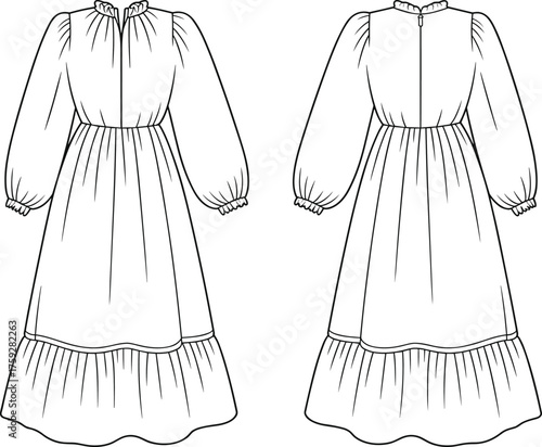 Long sleeve gathered dress flat sketch with ruffle collar and tiered hem, fashion CAD front and back template