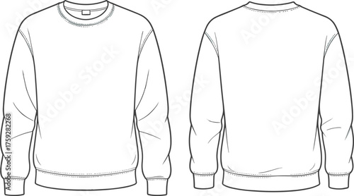 CAD drawing flat vector of crewneck sweatshirt front and back view, blank fleece pullover technical fashion illustration template design