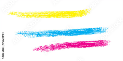 Three vibrant crayon strokes in yellow blue and pink isolated on a clean white background
