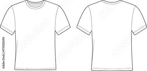 CAD drawing flat vector of basic short sleeve t-shirt front and back view, blank fashion apparel technical sketch design