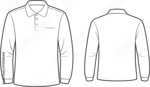 Men’s long sleeve polo shirt flat sketch with collar and button placket, fashion CAD front and back technical drawing