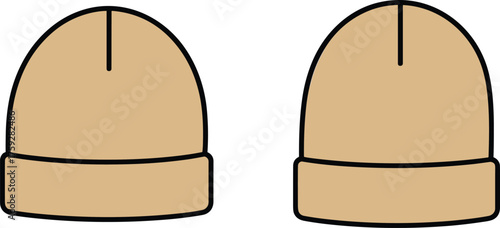 Tan beanie hat vector, folded brim winter cap, fashion accessory illustration, flat design, isolated clothing silhouette, cad drawing flat vector