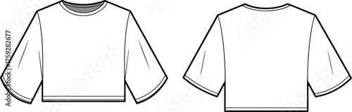 Women cropped T shirt flat sketch, fashion technical drawing, apparel design template, round neck short sleeve, above waist casual top, vector illustration