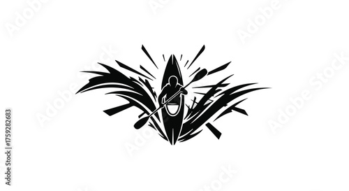Silhouette of kayaker paddling through energetic water splashes