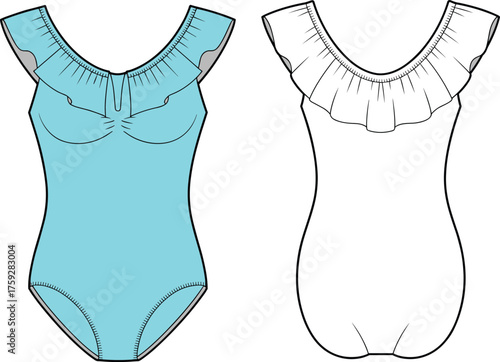 Women’s ruffle one-piece swimsuit flat sketch – scoop neck sleeveless swimwear CAD with gathered neckline and back frill detail