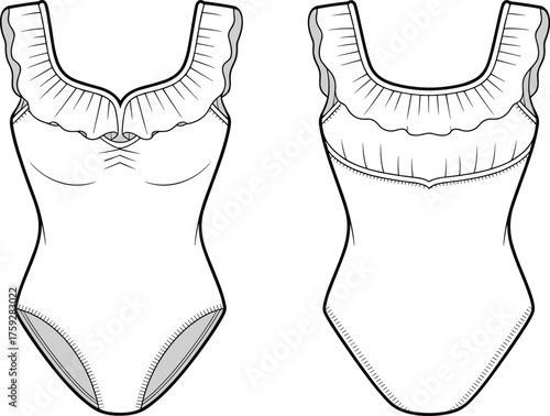 Women’s ruffle one-piece swimsuit flat sketch – sleeveless swimwear design with gathered neckline, v-front detail and high-cut bottom CAD