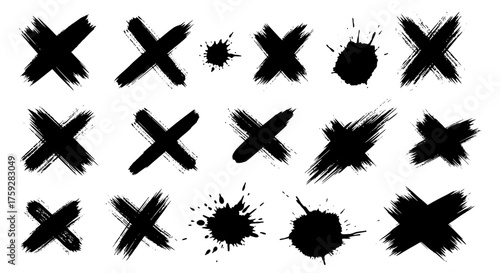 Collection of Grunge Hand Painted Cross Marks and Ink Splatter Symbols for Design Projects
