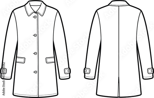 Women's single-breasted coat flat sketch with button closure and cuff tabs, fashion CAD front and back technical drawing