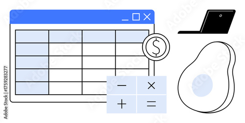 Spreadsheet interface with currency, calculator symbols, laptop, and avocado. Ideal for finance, budgeting, technology, planning, analysis calculation and modern flat design metaphor