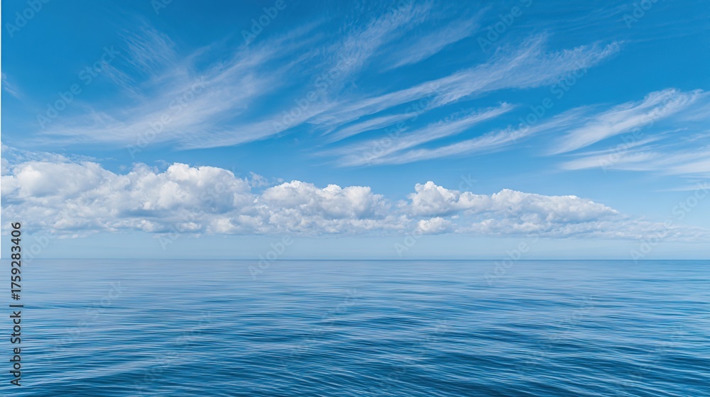Fototapeta premium Sparkling Sea Surface Under a Blue Sky with White Clouds—An Endless Expanse of Ocean Glistening in the Sunlight, Creating a Serene, Breathtaking Scene Perfect for Wallpapers, Travel Photos