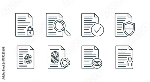 Set of document icons security privacy verification and authentication concepts simple outline graphics vector