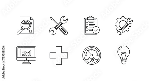 Hand drawn icons representing business technology tools and concepts set vector