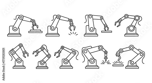 Industrial robotic arms set diverse poses manufacturing automation technology vector