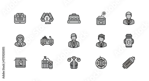 Collection of black and white outline icons representing jobs and professions with vector