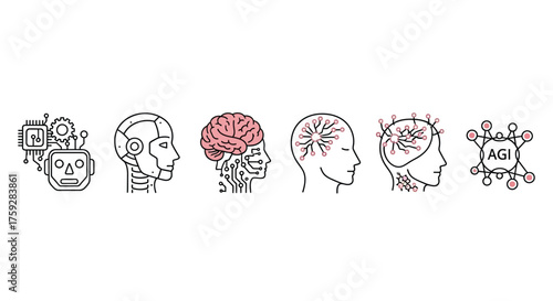 Artificial intelligence human brain robot head concepts and futuristic technology icons set vector