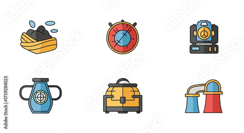 Set of six colorful food and drink icons including pancakes teapot coffee machine milk jug toaster and juice dispenser vector
