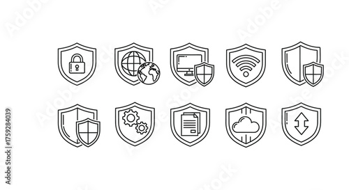 Collection of ten digital security shield icons representing various cybersecurity concepts vector