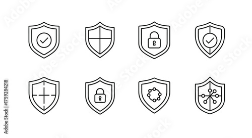 Collection of hand-drawn shield icons representing security privacy protection data and access vector