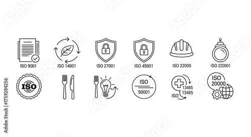 Set of modern hand drawn icons representing quality assurance and compliance standards vector