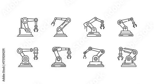 Collection of industrial robotic arms in diverse poses for automation and manufacturing concepts vector