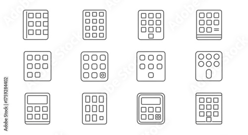 Diverse grid layouts and calculator icons representing technology and digital interfaces vector