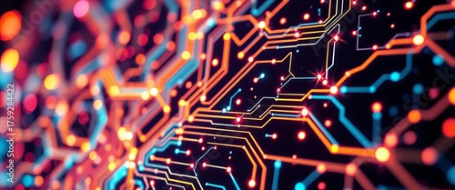 Abstract glowing circuit board with nodes and connections,  purple,  illustration