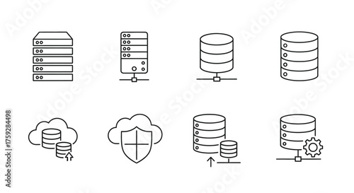 Set of outline icons representing cloud computing database storage and servers vector