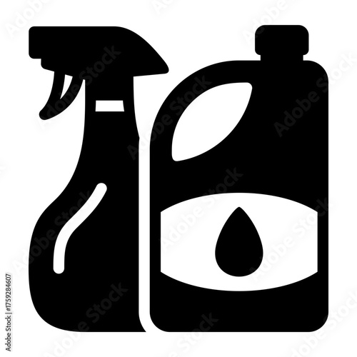 Household Cleaning Spray Bottle and Detergent Jug Glyph Icon. Vector Symbol for Laundry Supplies, Disinfectant, Washing Liquid, and General House Cleaning Products, Ideal for eCommerce and Services