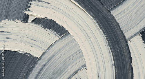 Abstract textured artwork with broad brushstrokes in shades of grey and creamy white creating a dynamic visual rhythm and sense of movement