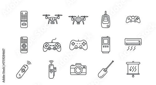 Diverse collection of remote control devices and gadgets line art icons set vector