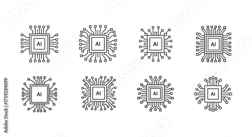 Set of abstract microchip icons representing technological innovation and digital networks vector