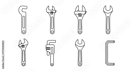 Collection of adjustable wrenches and tools hand drawn sketch style professional equipment vector