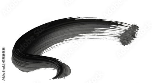 A single thick black brushstroke swoops across a white background creating a sense of motion and artistic expression