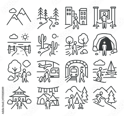 Minimalist icons depicting various outdoor activities and travel scenes