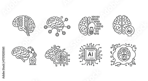 Set of eight outline icons representing artificial intelligence and machine learning concepts on vector