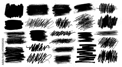 Collection of Hand Drawn Black Scribble Brush Strokes and Smears for Graphic Design Elements and Textures