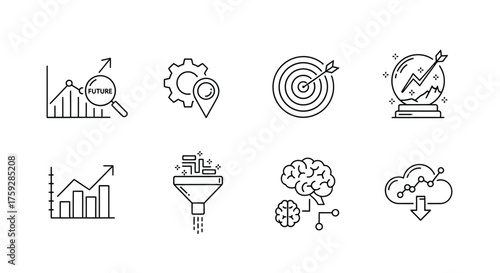 Business analytics strategy goals and data processing icons representing progress growth and technology vector
