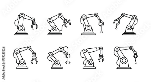 Collection of industrial robotic arms with grippers and different poses for automation manufacturing assembly vector