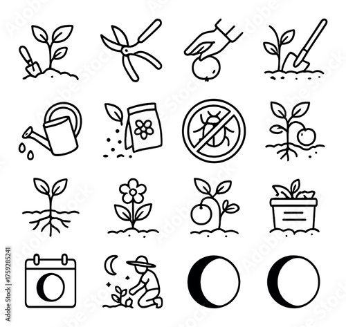 Black outline gardening icons: tools, plants, and maintenance symbols