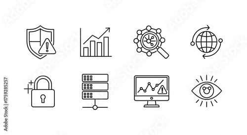 Digital security and data analysis icons set representing cybersecurity and business intelligence insights vector
