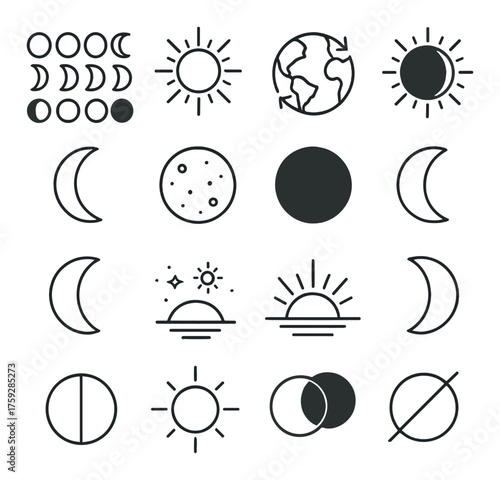 Minimalist celestial icons: moon phases, sun, earth, and eclipse